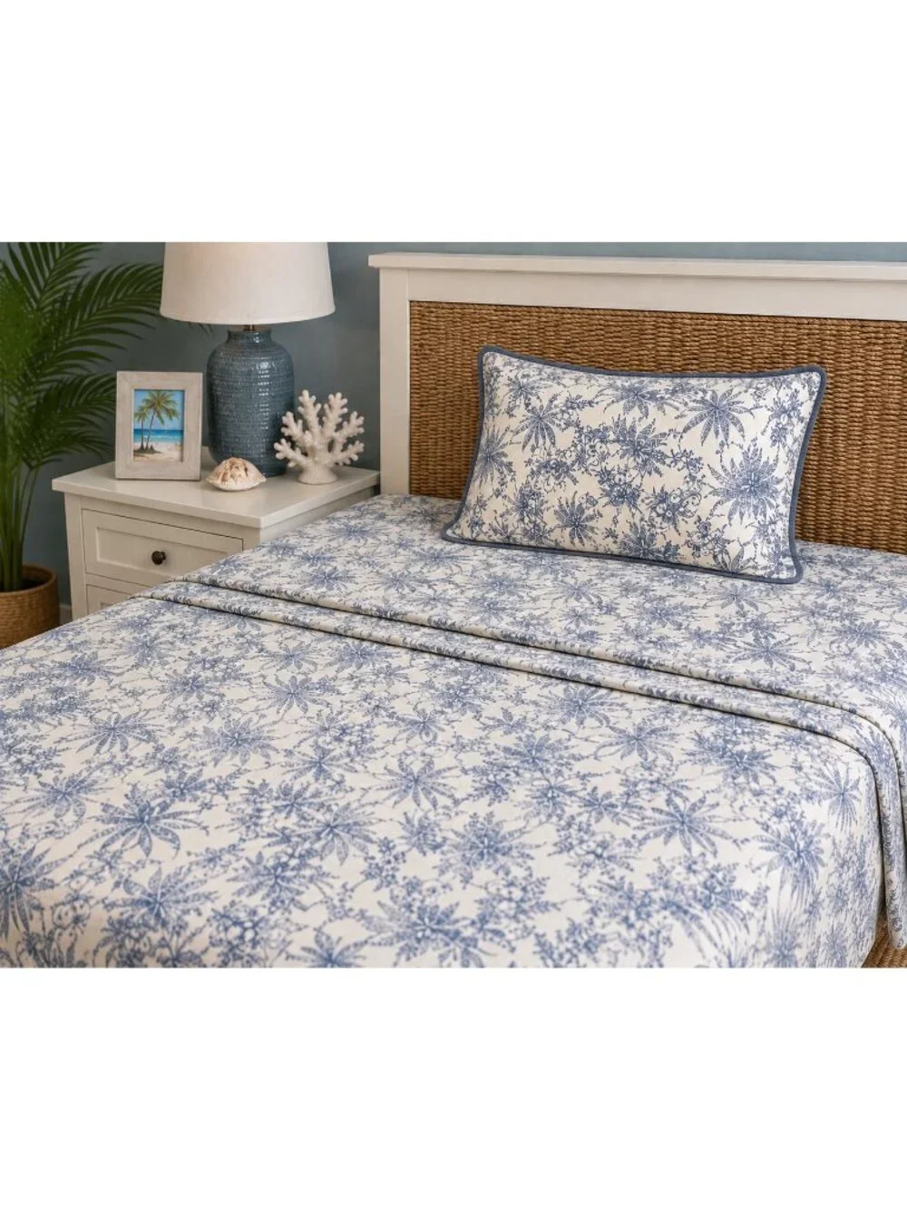 Tommy Bahama Home Queen Flat Fitted Sheet Standard Sham 20x26 Blue White Tropica